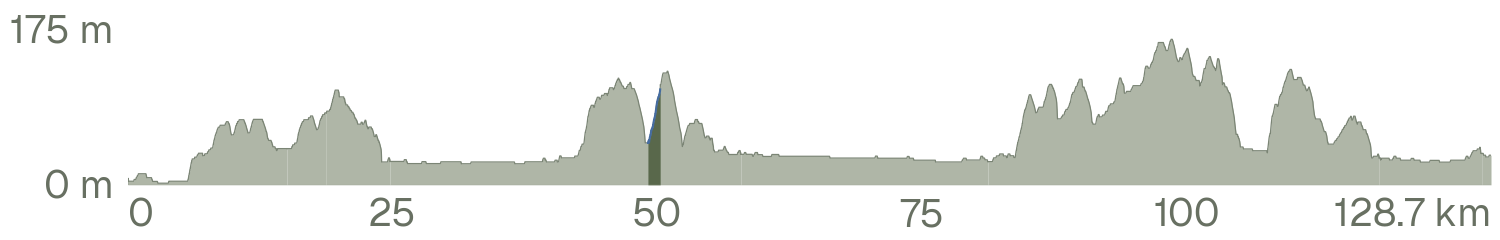 Elevation over the full 128.7 kilometer ride, with Wises Mill Road highlighted from 49.13 to 50.29 kilometers. Gaps in the recording remain gaps.